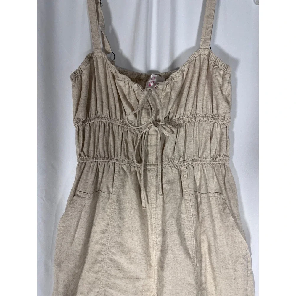 So Me Linen Blend Jumpsuit M Oatmeal Boho Cottagecore Adjustable Straps Pockets